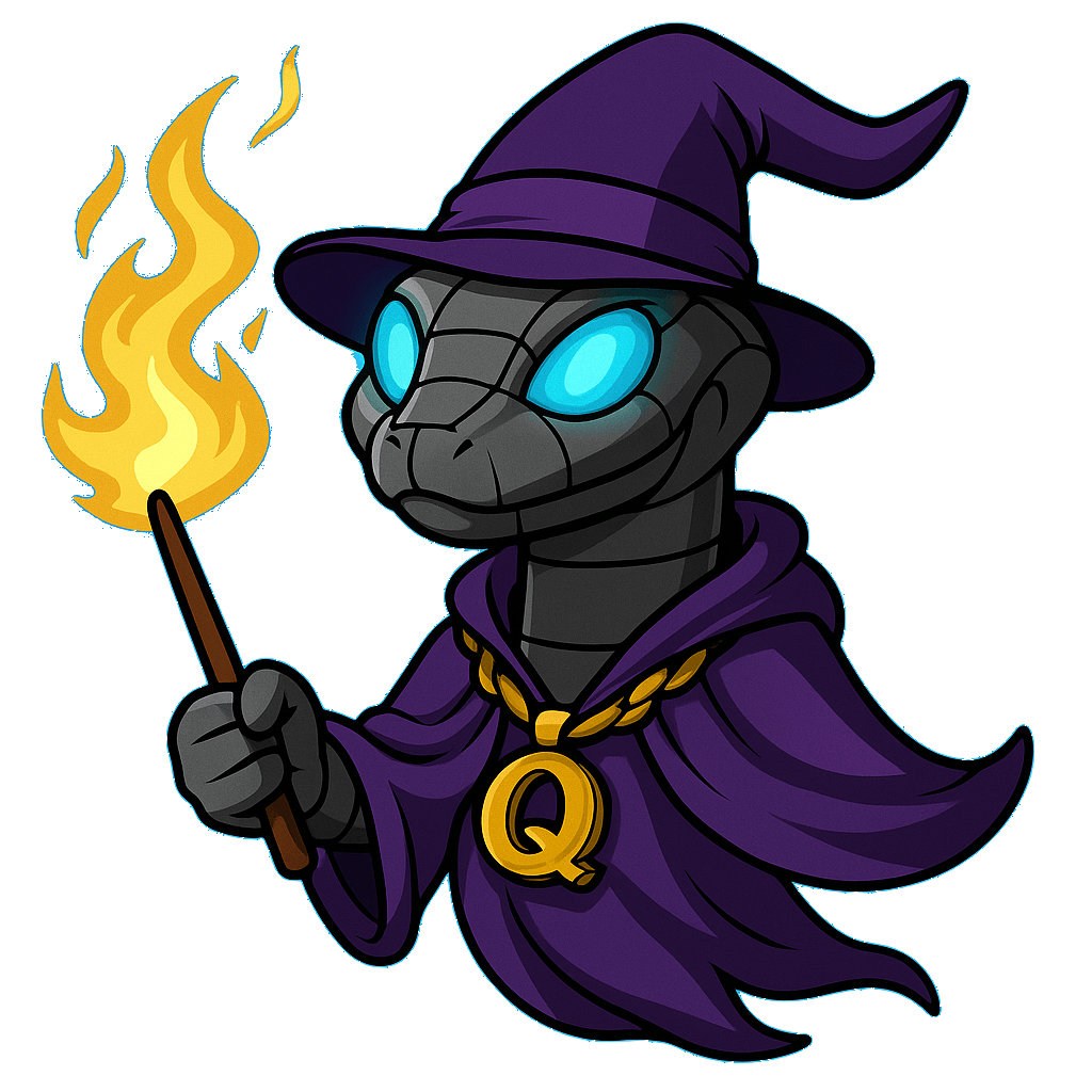 Quantum Snek wizard mascot holding a flaming wand